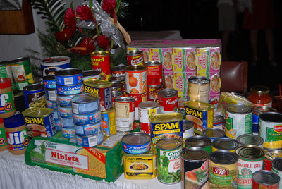 It was requested that there be no gifts, but to bring canned goods for the local food bank instead.  We ended up with a quite decent donation at the end of the night.  This is about 1/2 of it.